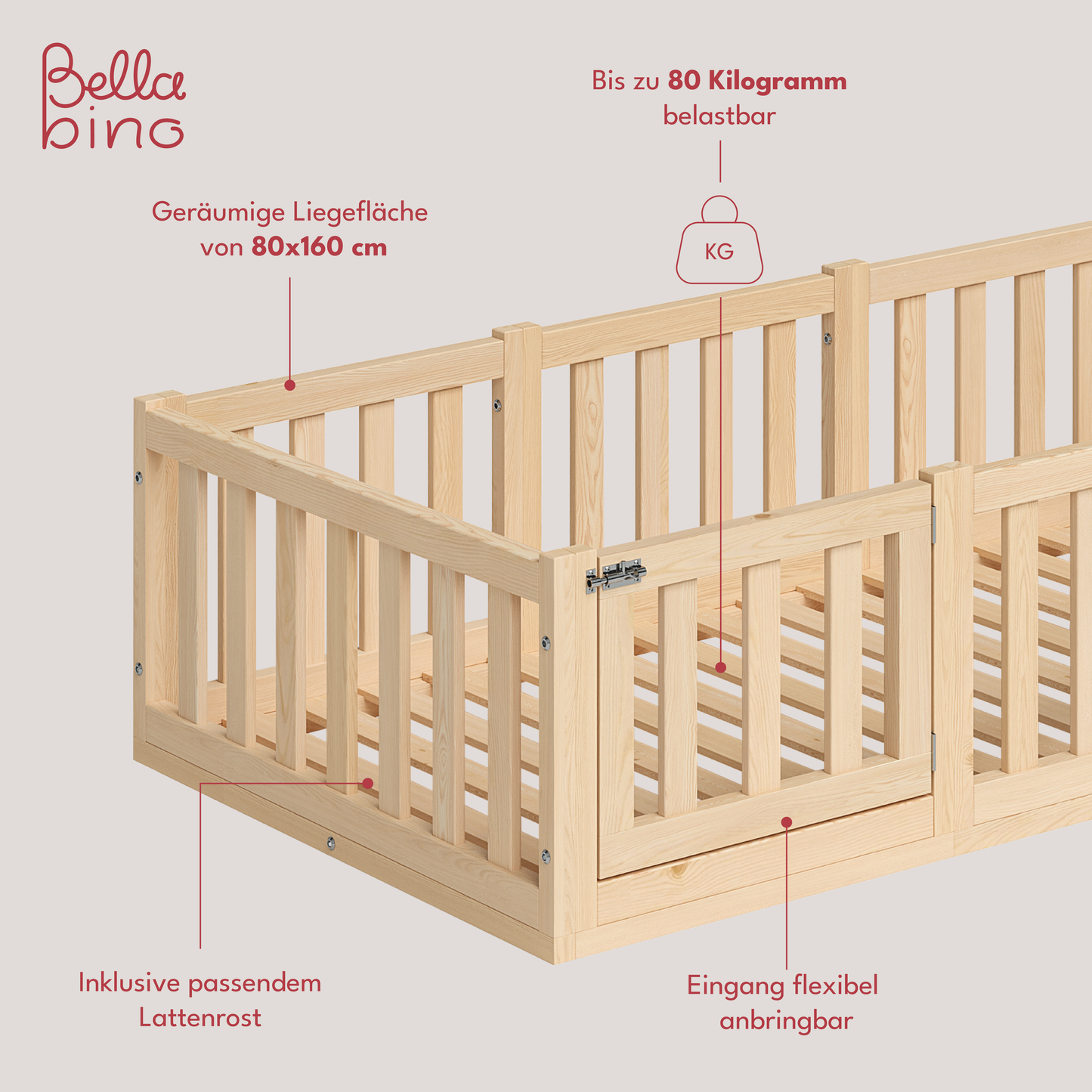 Tapi Bodenbett 80x160 cm mit Tür, natur lackiert, Kiefer massiv, inkl. Lattenrost