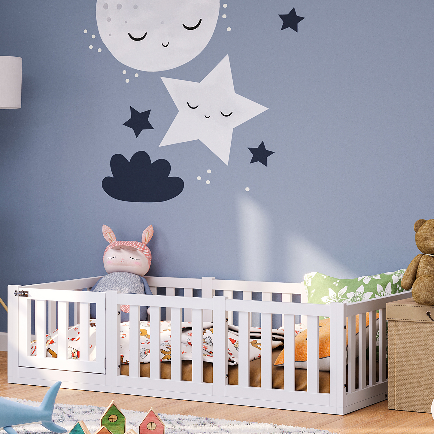 Tapi Bodenbett 80x160 cm mit Tür, weiß lackiert, Kiefer massiv, inkl. Lattenrost