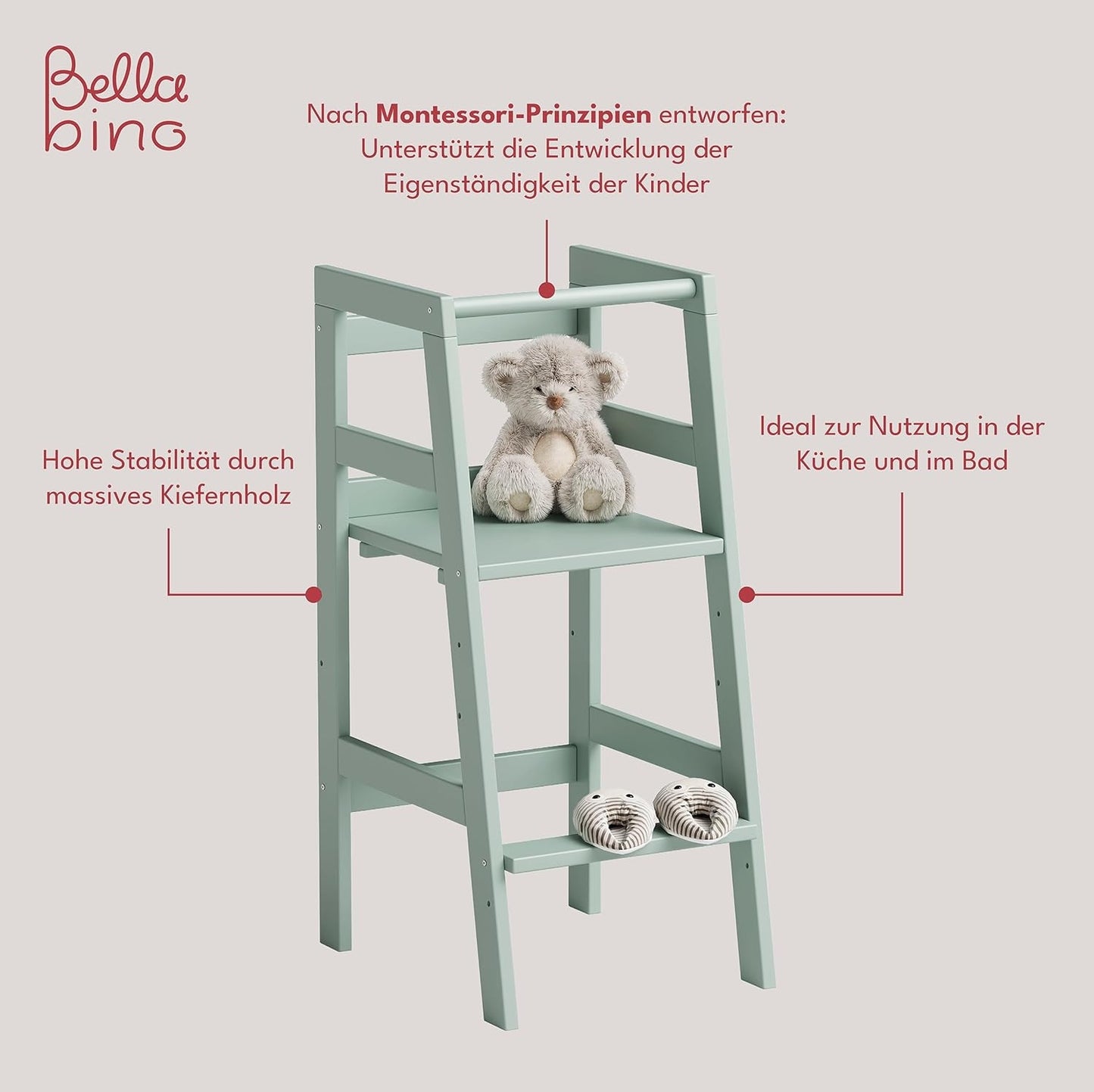 Milo Lernturm, Tritt 3-fach höhenverstellbar, mintgrün lackiert, Kiefer Massivholz