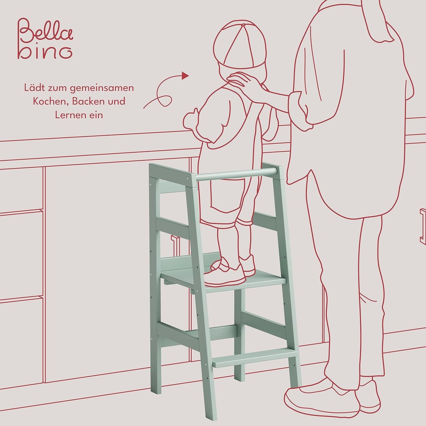 Milo Lernturm, Tritt 3-fach höhenverstellbar, mintgrün lackiert, Kiefer Massivholz