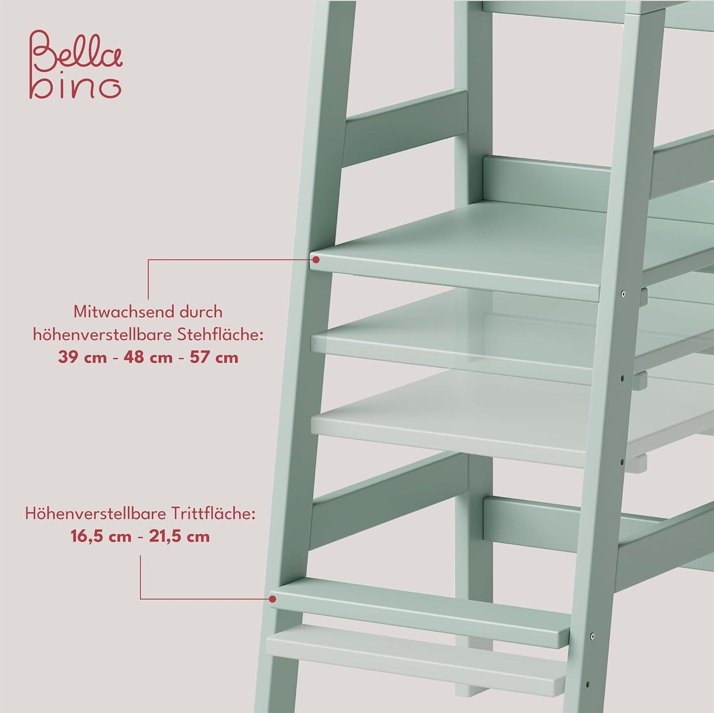 Milo Lernturm, Tritt 3-fach höhenverstellbar, mintgrün lackiert, Kiefer Massivholz