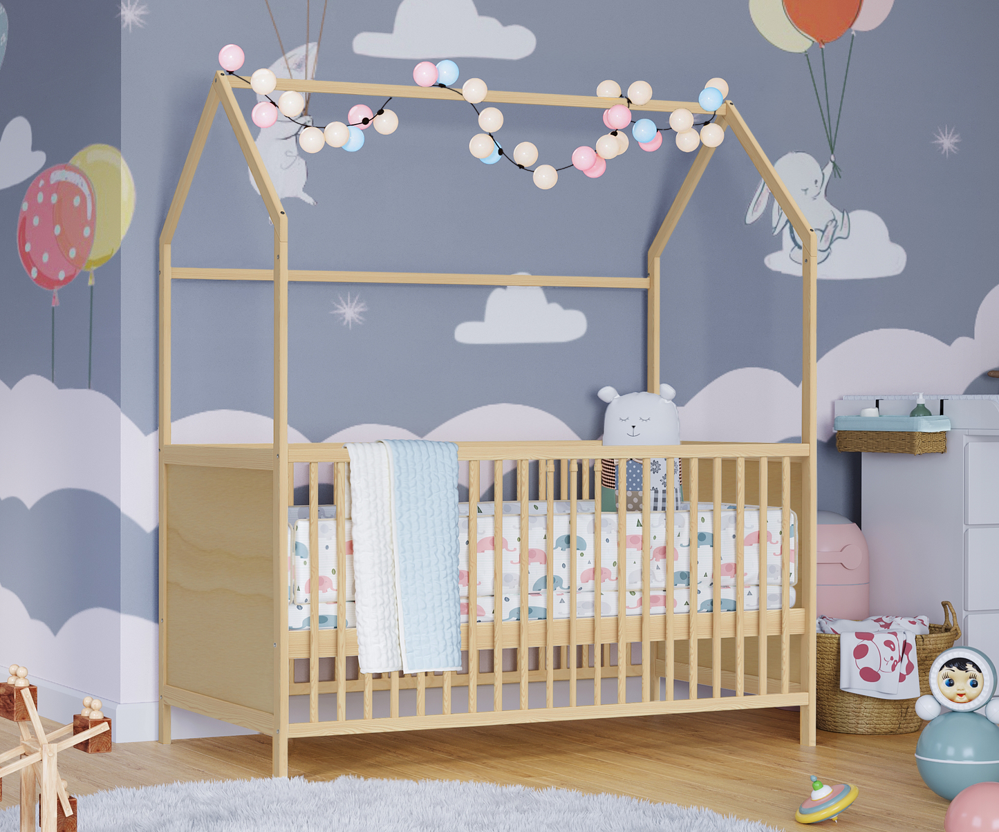 Nika Hausbett 70x140 cm, natur lackiert, Kiefer massiv, 3-fach höhenverstellbar, inkl. Lattenrost