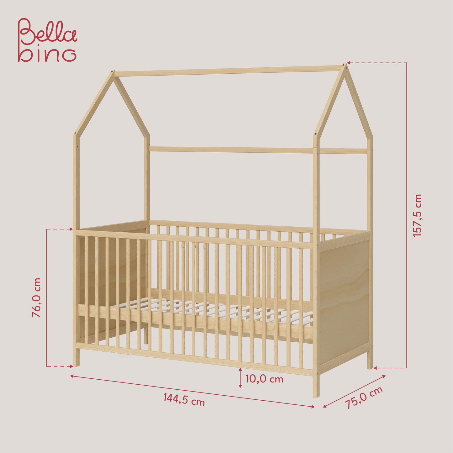 Nika Hausbett 70x140 cm, natur lackiert, Kiefer massiv, 3-fach höhenverstellbar, inkl. Lattenrost