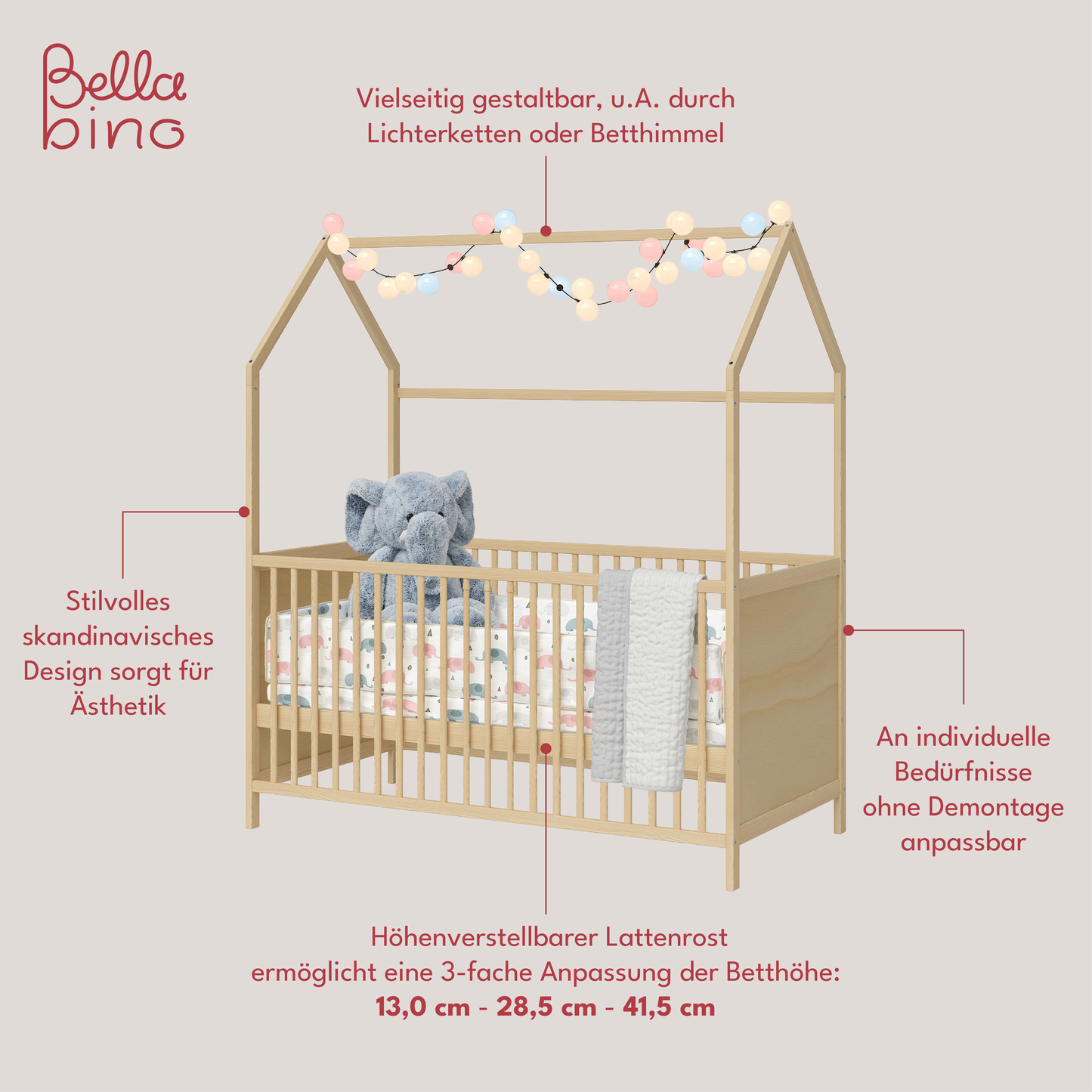 Nika Hausbett 70x140 cm, natur lackiert, Kiefer massiv, 3-fach höhenverstellbar, inkl. Lattenrost