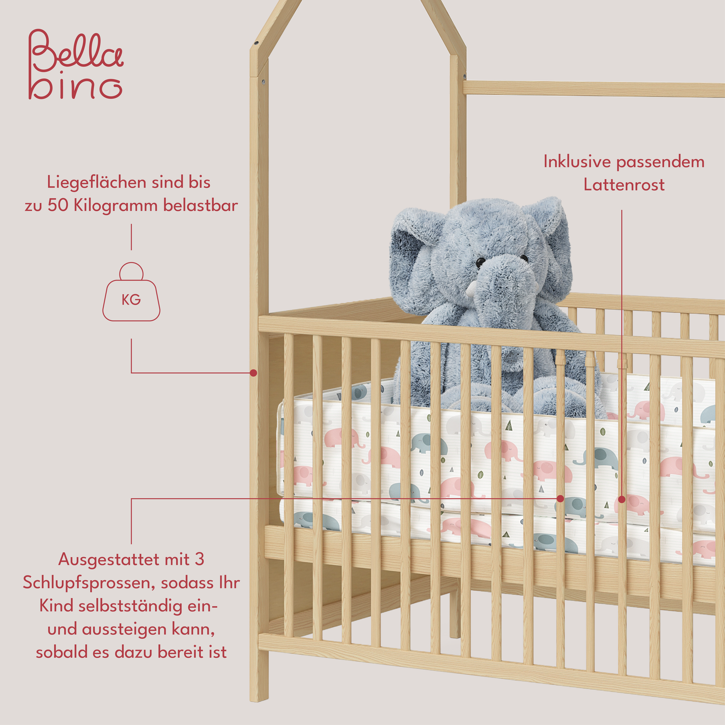 Nika Hausbett 70x140 cm, natur lackiert, Kiefer massiv, 3-fach höhenverstellbar, inkl. Lattenrost