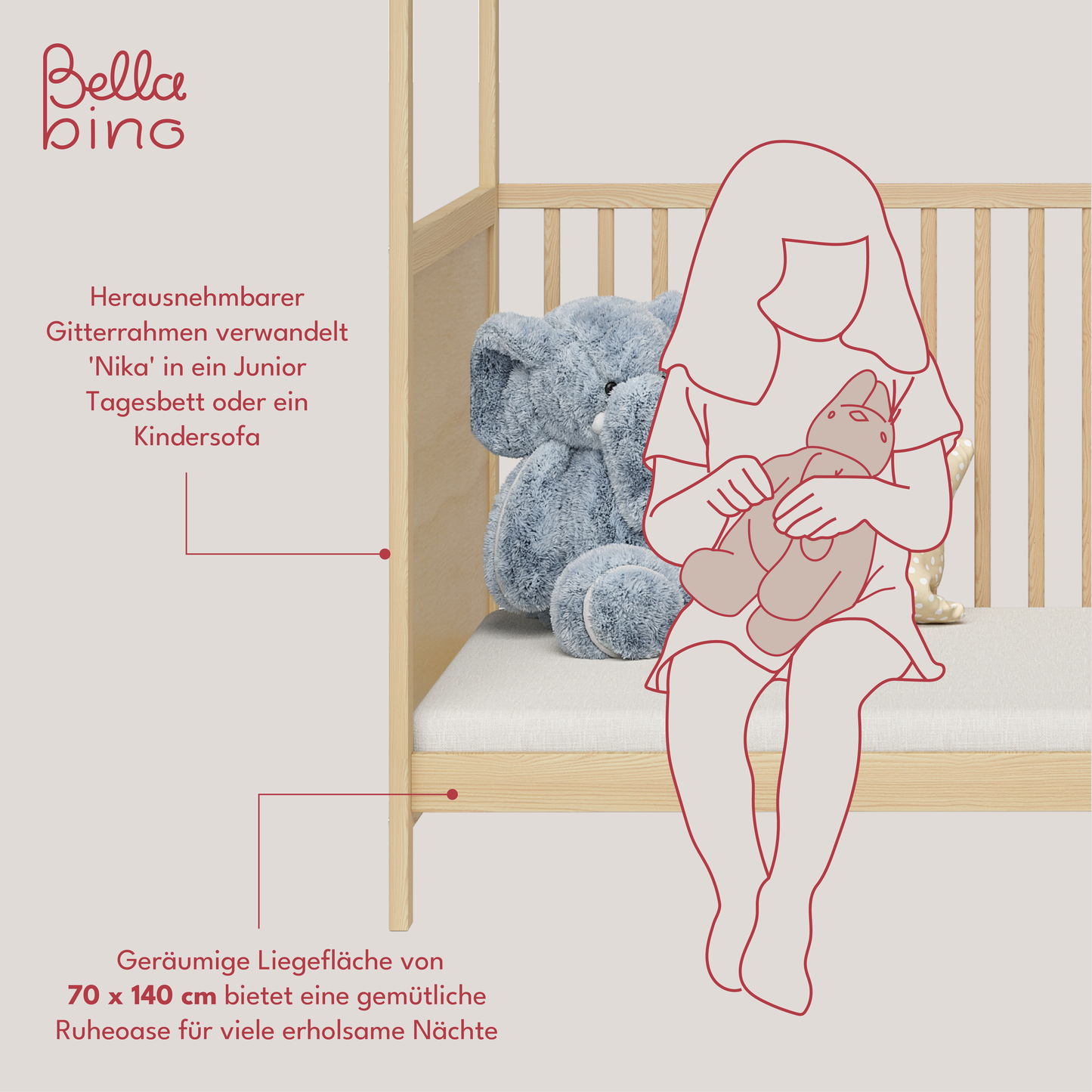 Nika Hausbett 70x140 cm, natur lackiert, Kiefer massiv, 3-fach höhenverstellbar, inkl. Lattenrost