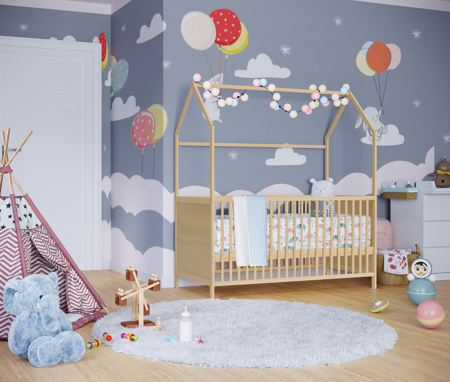 Nika Hausbett 70x140 cm, natur lackiert, Kiefer massiv, 3-fach höhenverstellbar, inkl. Lattenrost