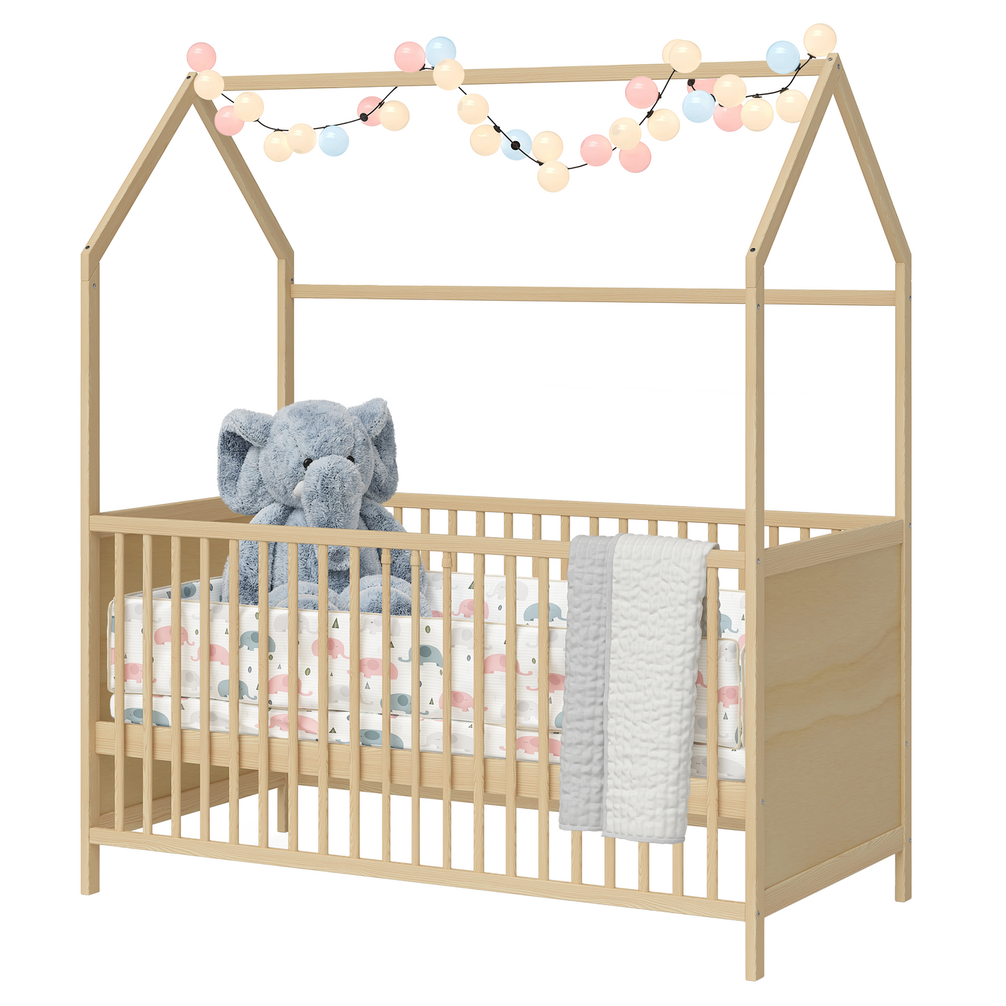 Nika Hausbett 70x140 cm, natur lackiert, Kiefer massiv, 3-fach höhenverstellbar, inkl. Lattenrost