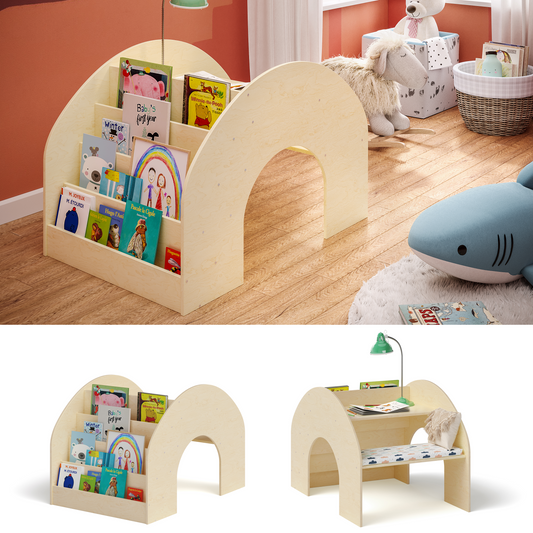 Vily 2in1 Kinderbücherregal und Schreibtisch, natur lackiert, Birke Sperrholz, mit 4 Ablagefächern
