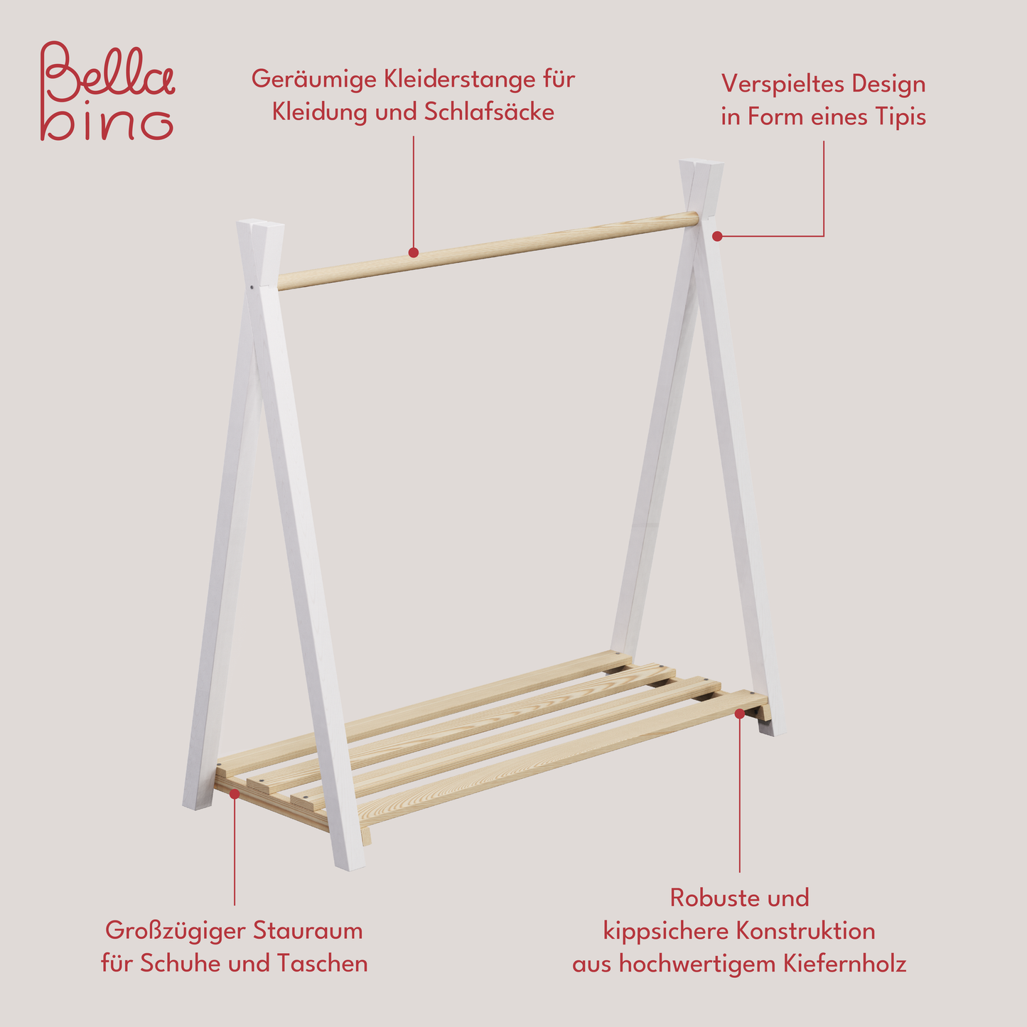 Ryck Tipi-Kleiderstange inkl. Schuhablagefläche, Kiefer massiv, natur/weiß