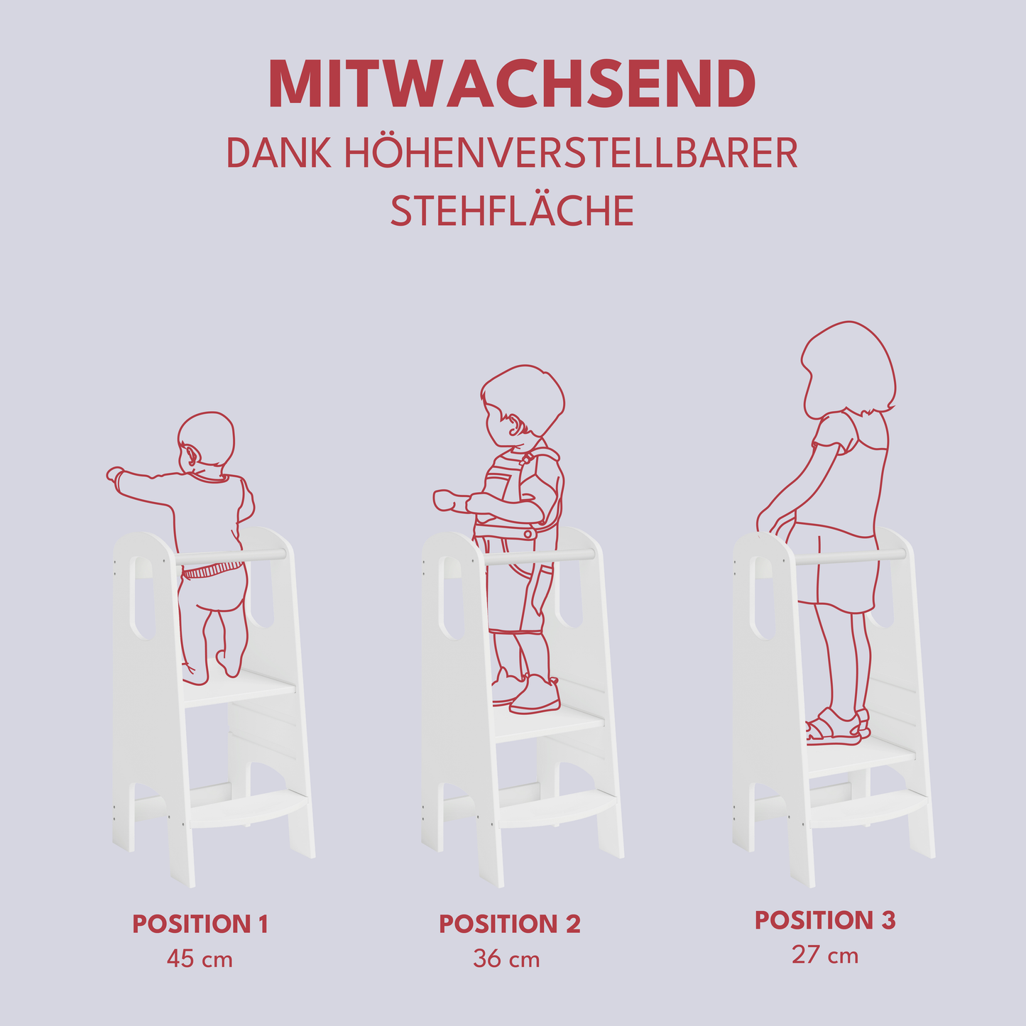 Luni Lernturm, Tritt 3-fach höhenverstellbar, weiß lackiert, Birke Sperrholz