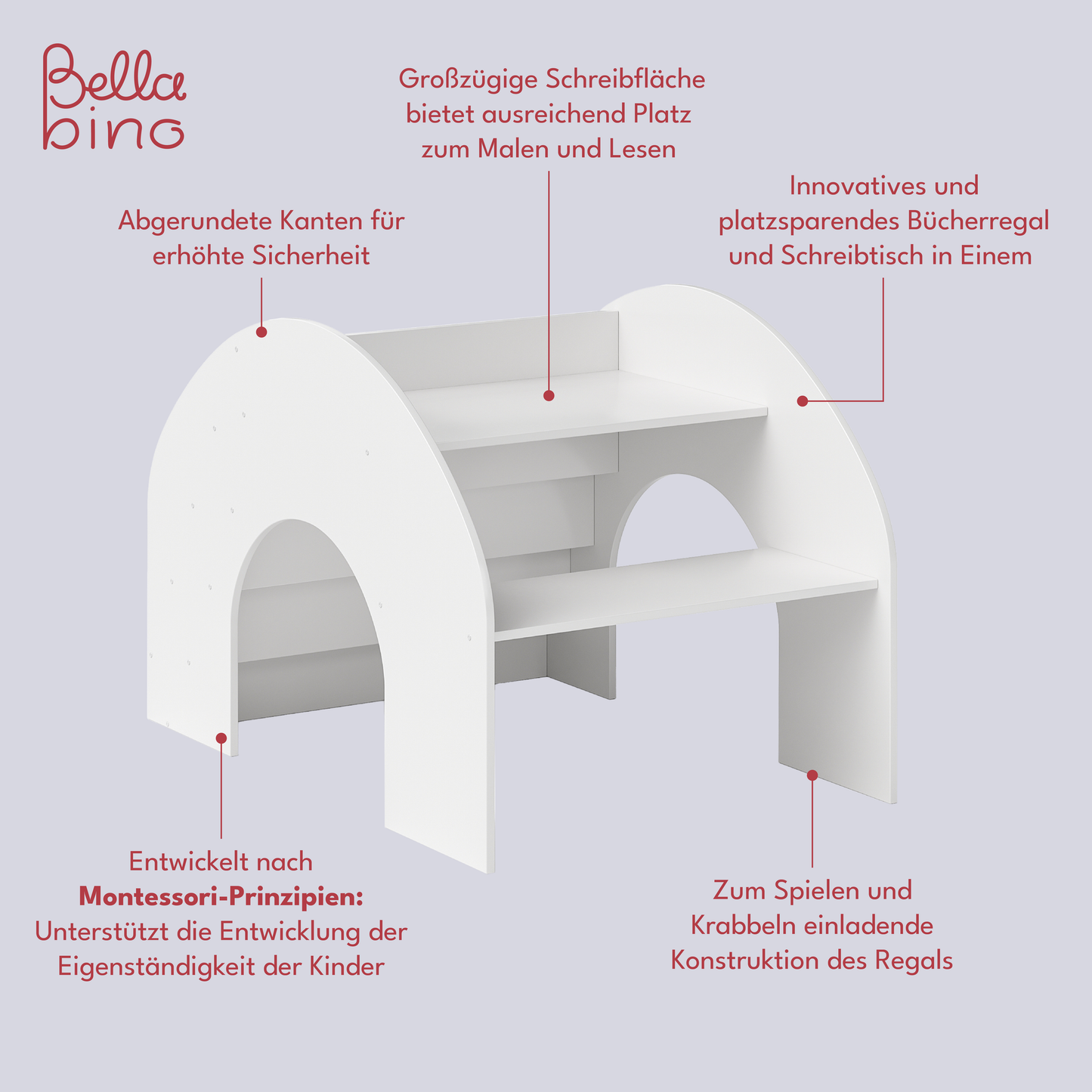 Vily 2in1 Kinderbücherregal und Schreibtisch, weiß lackiert, Birke Sperrholz, mit 4 Ablagefächern