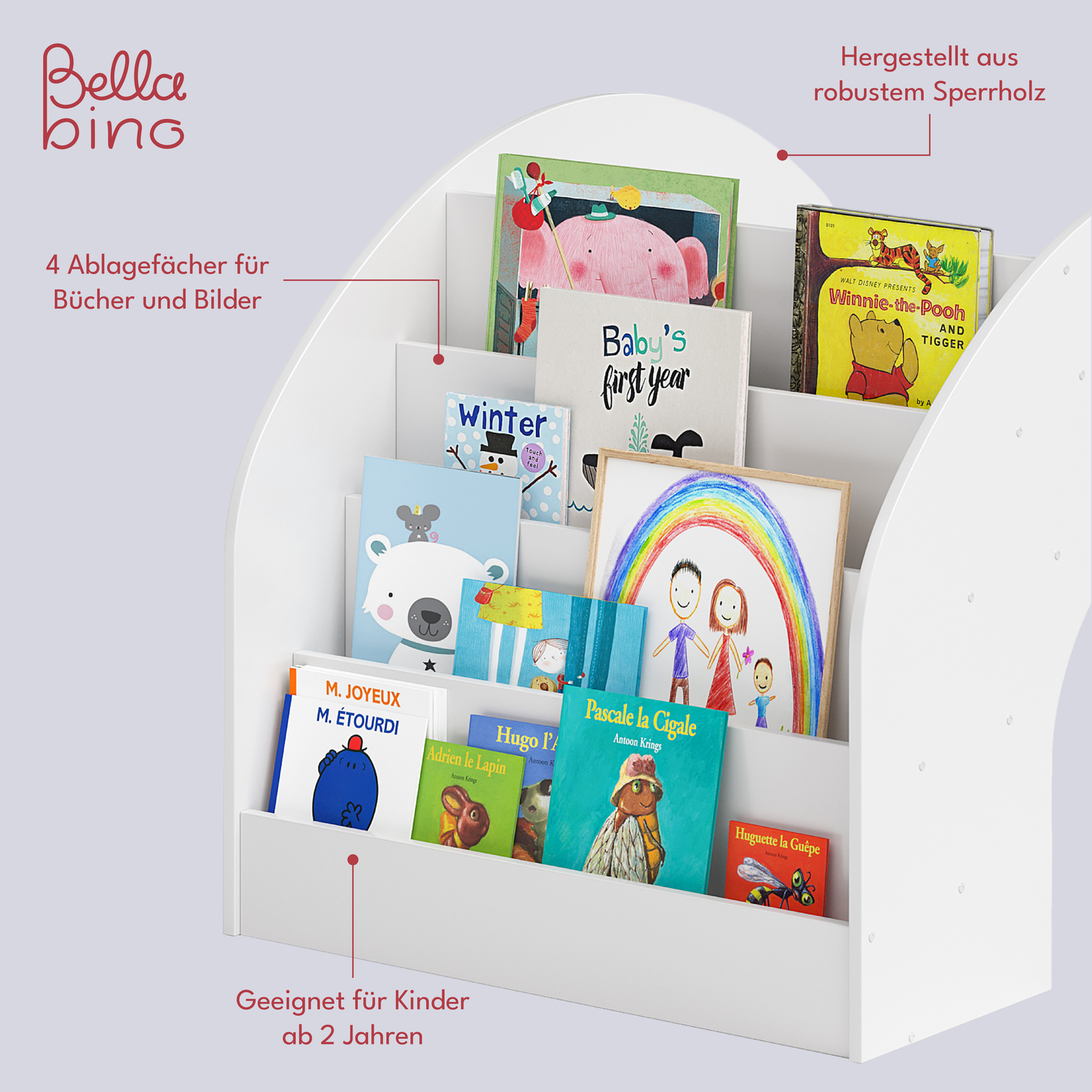 Vily 2in1 Kinderbücherregal und Schreibtisch, weiß lackiert, Birke Sperrholz, mit 4 Ablagefächern