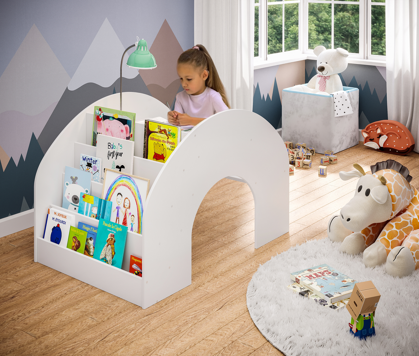Vily 2in1 Kinderbücherregal und Schreibtisch, weiß lackiert, Birke Sperrholz, mit 4 Ablagefächern