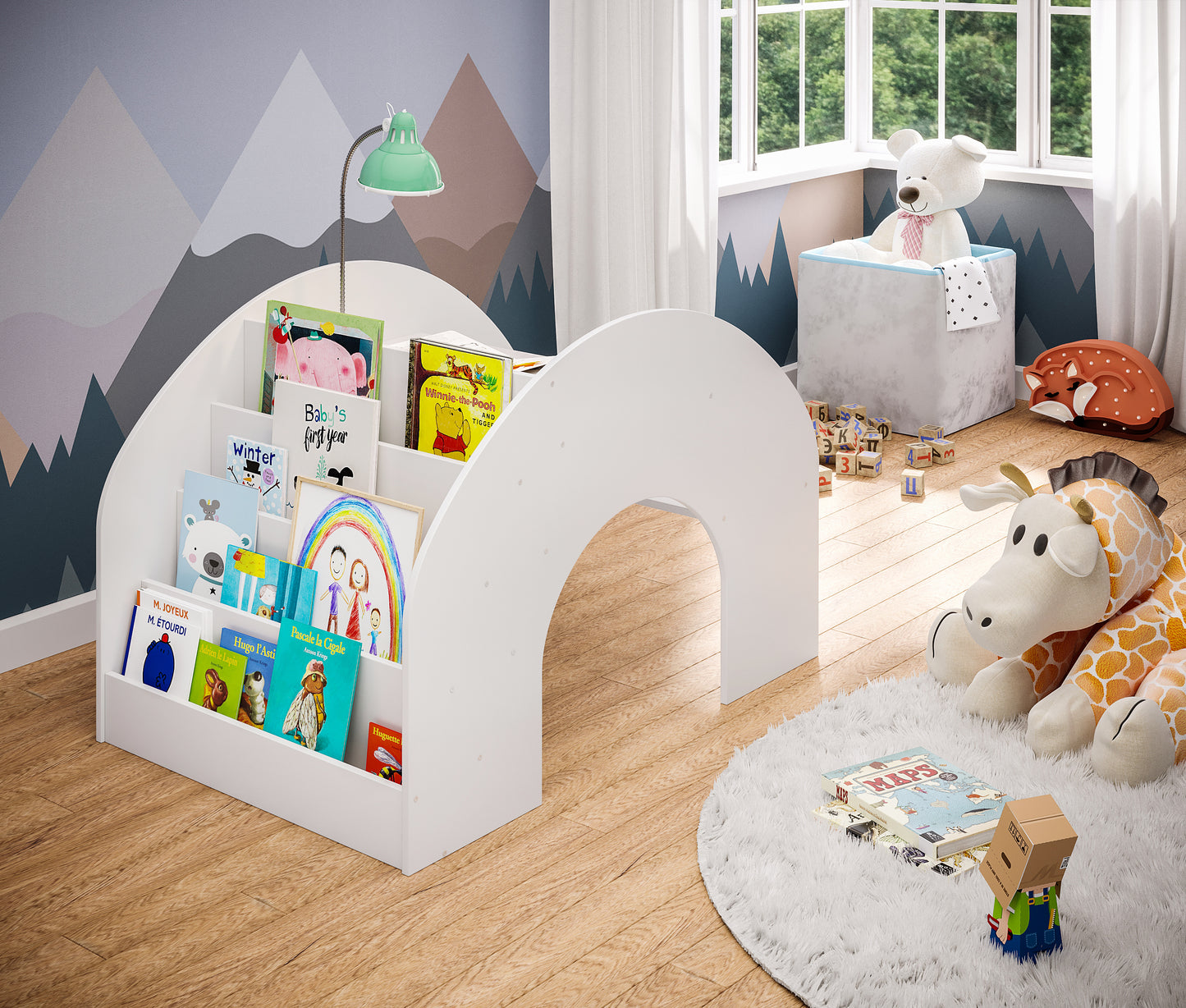 Vily 2in1 Kinderbücherregal und Schreibtisch, weiß lackiert, Birke Sperrholz, mit 4 Ablagefächern