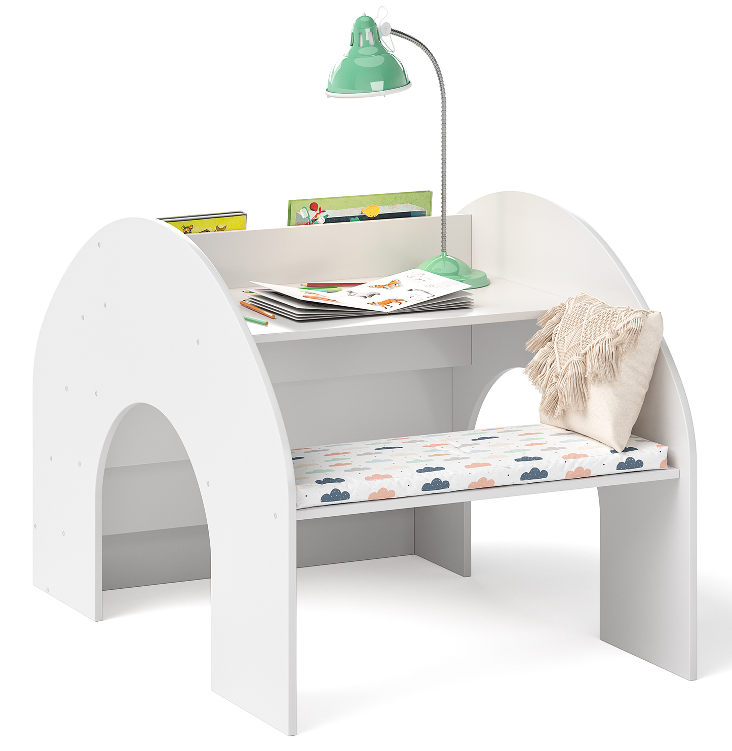 Vily 2in1 Kinderbücherregal und Schreibtisch, weiß lackiert, Birke Sperrholz, mit 4 Ablagefächern