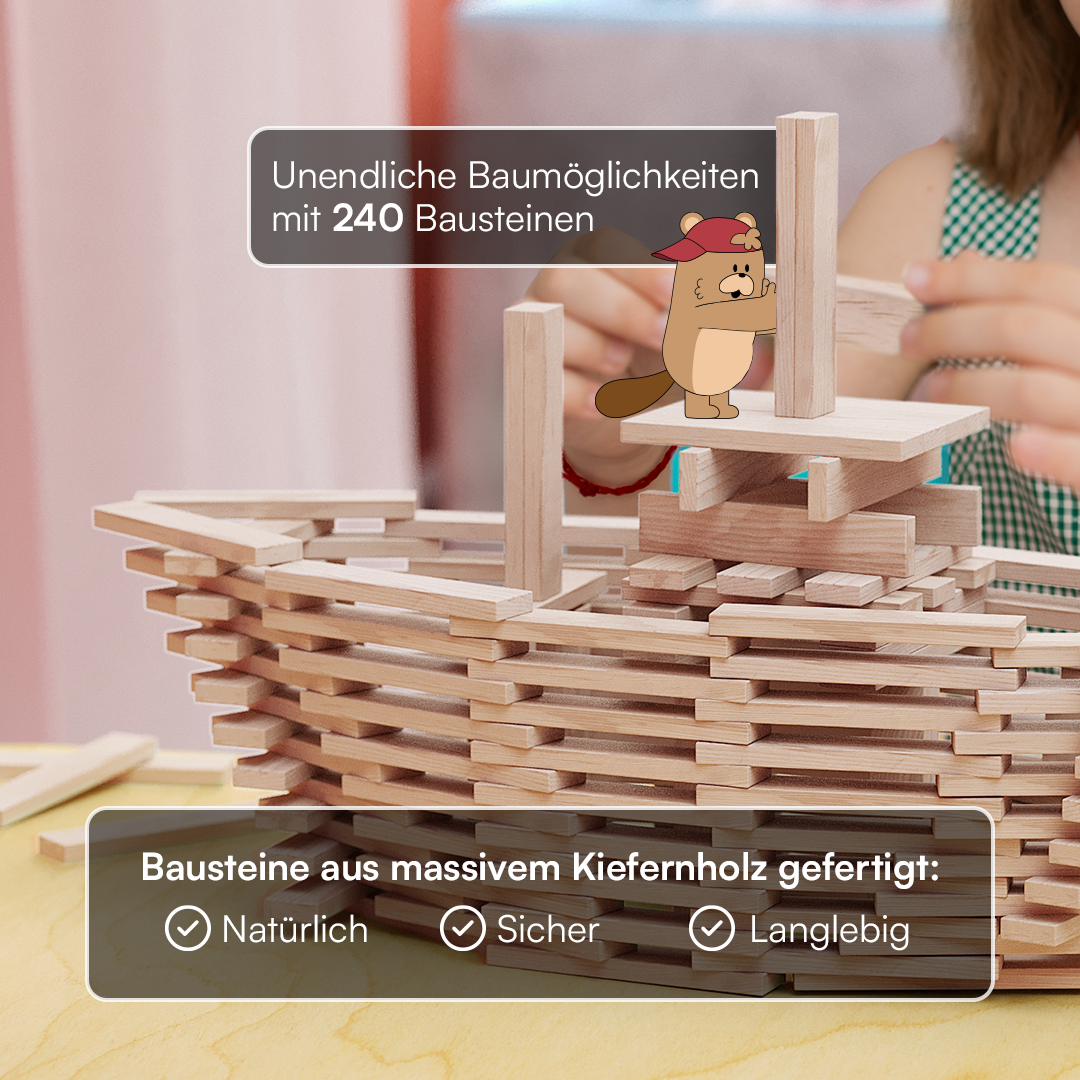 Sabino Holzbausteine zum Bauen & Basteln, Kiefernholz natur, ab 3 Jahren, 240 Stück