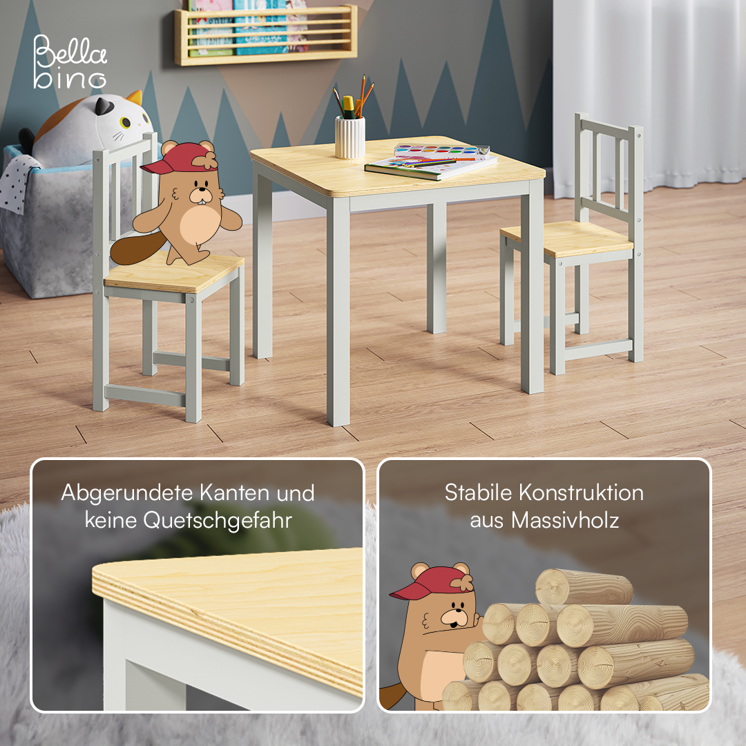Sora Kindersitzgarnitur, grau/natur, 2x Stuhl und 1x Tisch