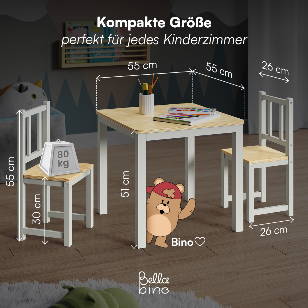Sora Kindersitzgarnitur, grau/natur, 2x Stuhl und 1x Tisch