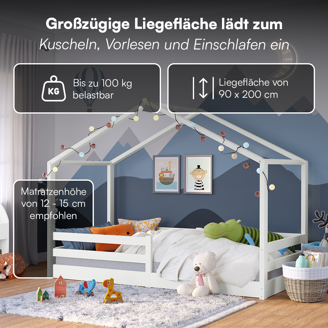 Abia Hausbett inkl. Lattenrost und Rausfallschutz, 90x200 cm, weiß lackiert