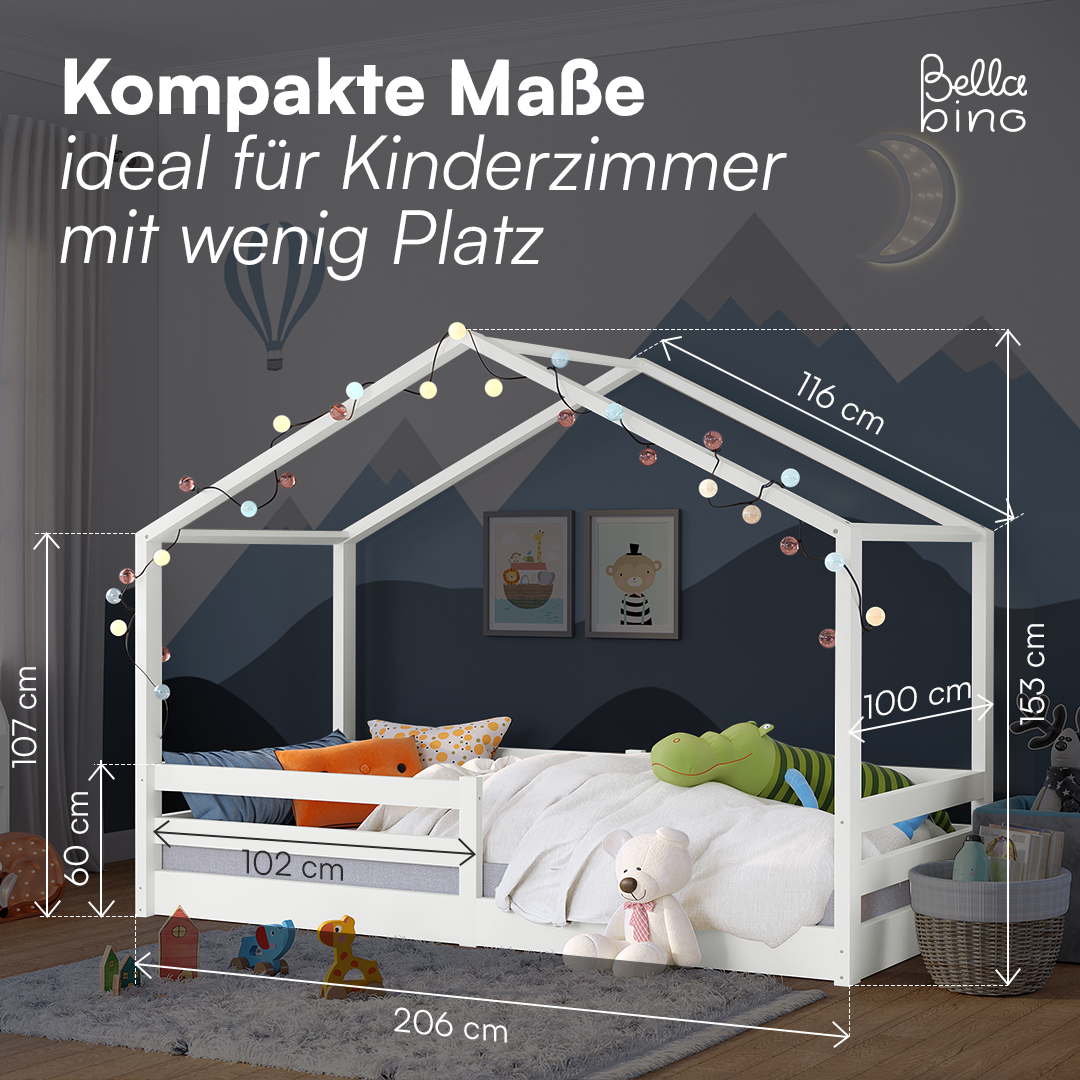 Abia Hausbett inkl. Lattenrost und Rausfallschutz, 90x200 cm, weiß lackiert