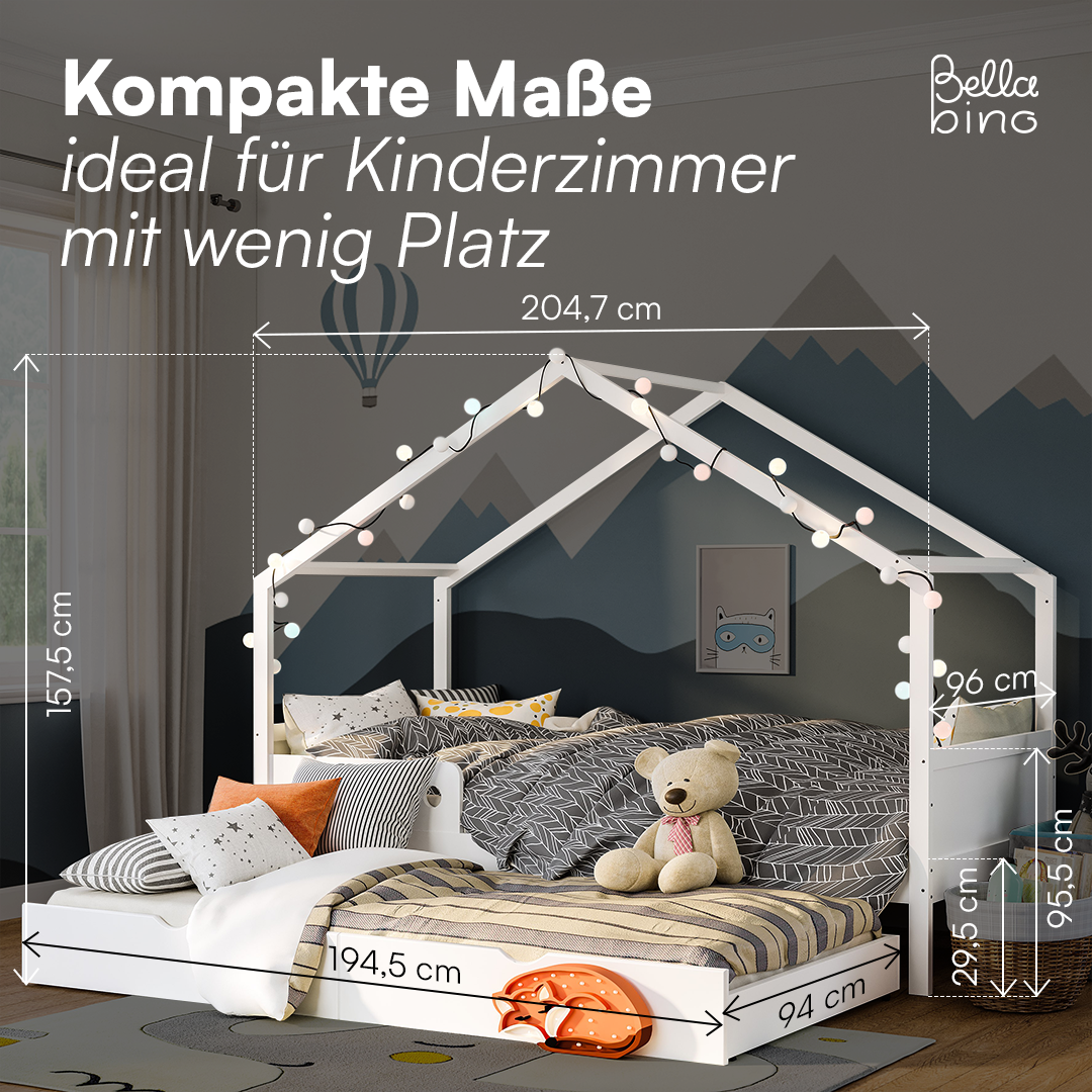 Bela Hausbett 90x200 cm mit Gästebett 90x190 cm, weiß lackiert, Kiefer massiv, inkl. Lattenrost