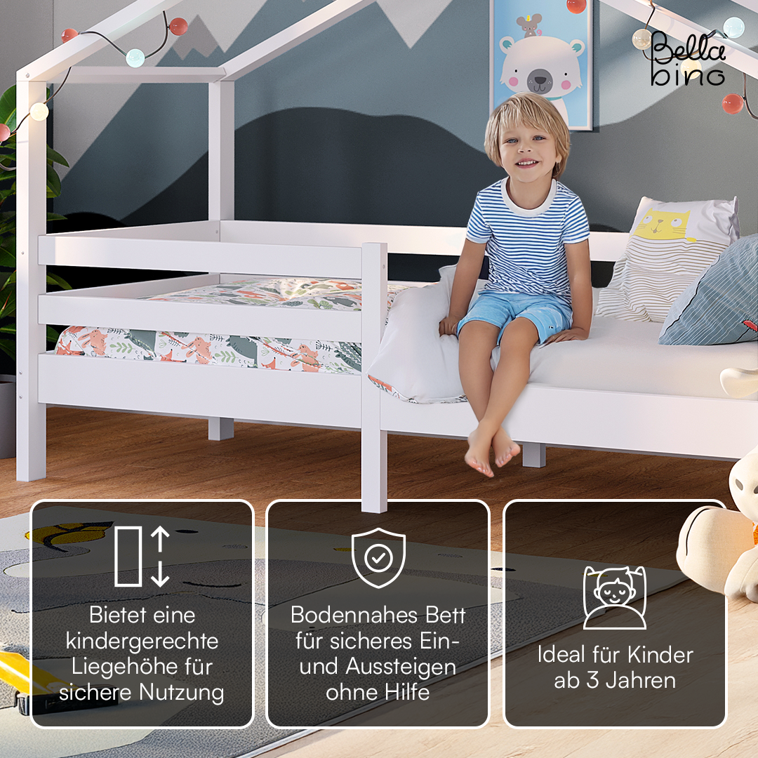 Abia Hausbett 90x200 cm mit Matratze, weiß, Kiefer Massivholz, Montessori Kinderbett mit Rausfallschutz und Lattenrost