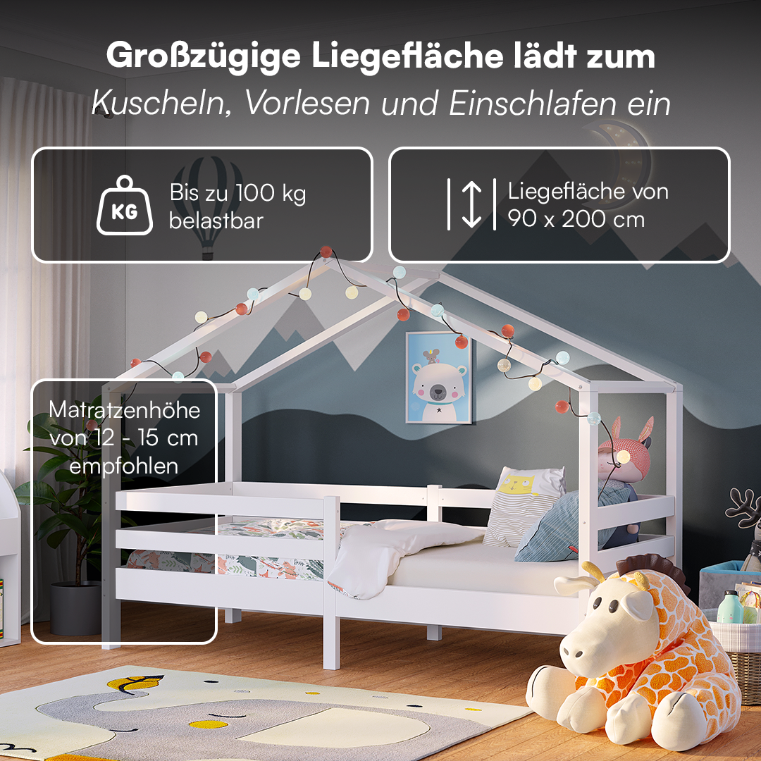 Abia Hausbett 90x200 cm mit Matratze, weiß, Kiefer Massivholz, Montessori Kinderbett mit Rausfallschutz und Lattenrost