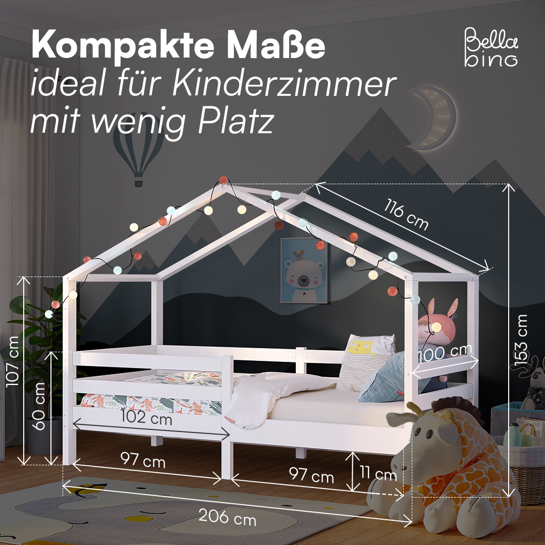 Abia Hausbett 90x200 cm mit Matratze, weiß, Kiefer Massivholz, Montessori Kinderbett mit Rausfallschutz und Lattenrost