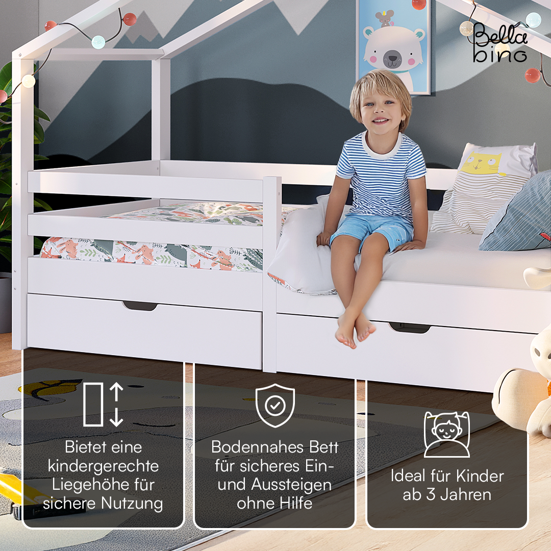 Abia Hausbett 90x200 cm mit Matratze und 2 Schubladen, weiß, Kiefer Massivholz, Montessori Kinderbett mit Stauraum, inkl. Rausfallschutz und Lattenrost