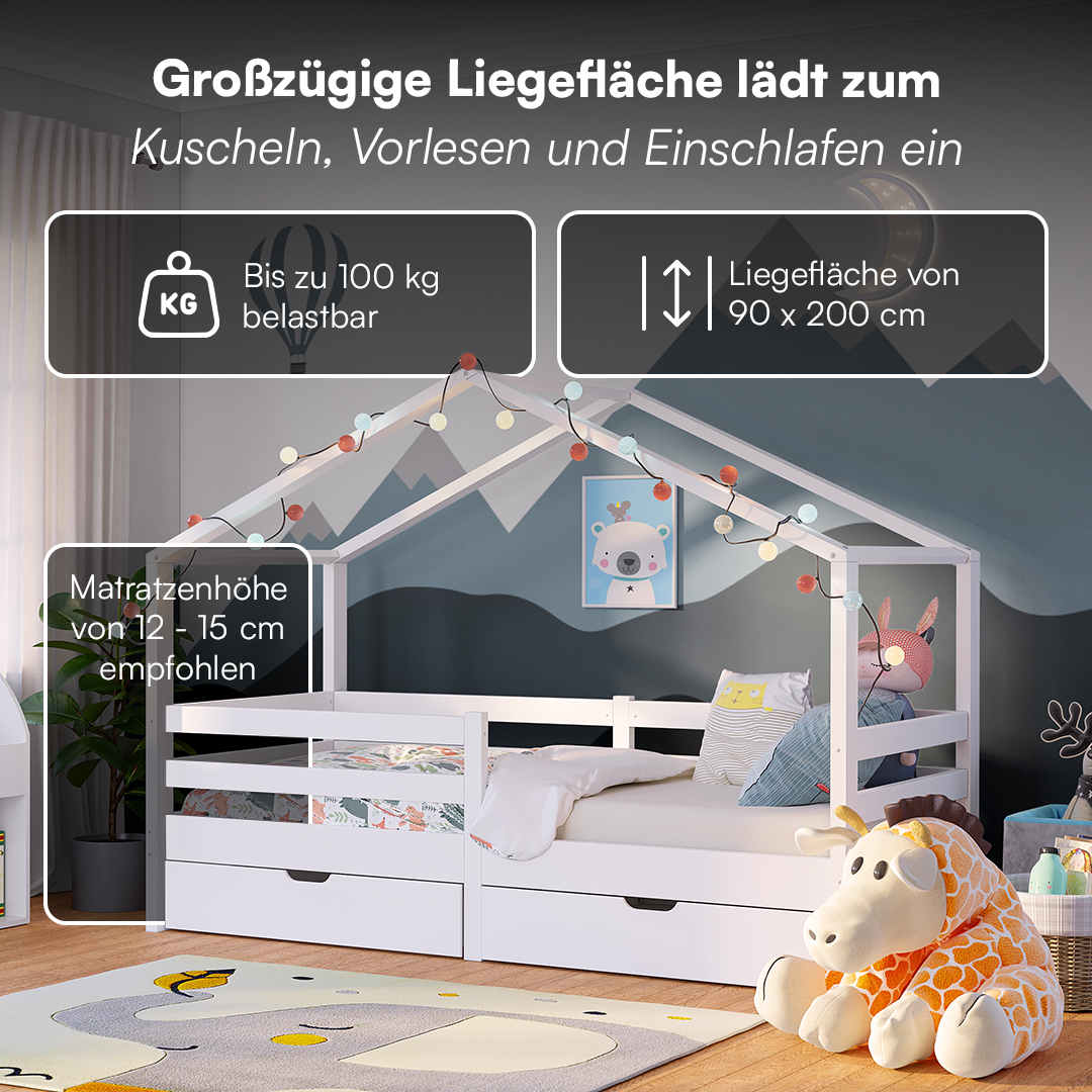 Abia Hausbett 90x200 cm mit Matratze und 2 Schubladen, weiß, Kiefer Massivholz, Montessori Kinderbett mit Stauraum, inkl. Rausfallschutz und Lattenrost