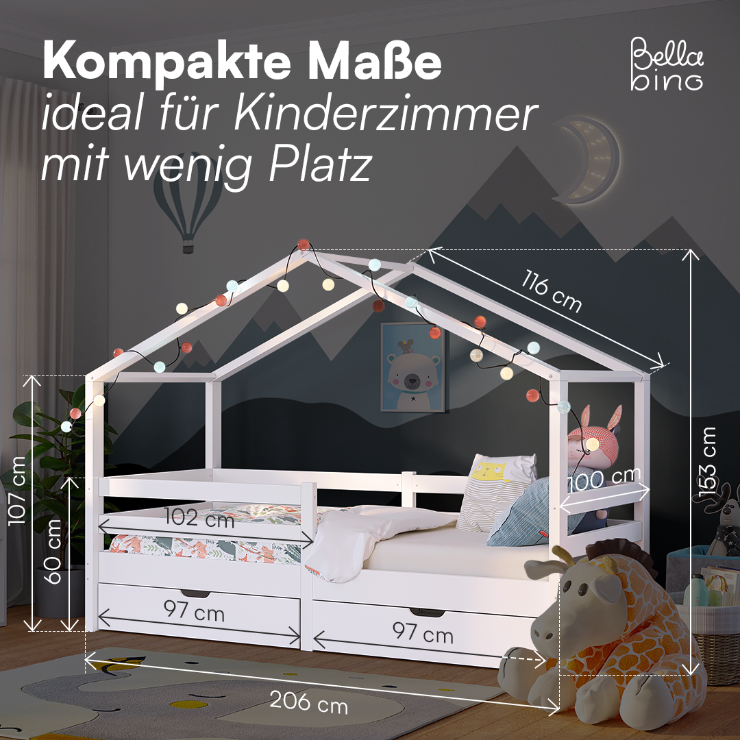 Abia Hausbett 90x200 cm mit Matratze und 2 Schubladen, weiß, Kiefer Massivholz, Montessori Kinderbett mit Stauraum, inkl. Rausfallschutz und Lattenrost