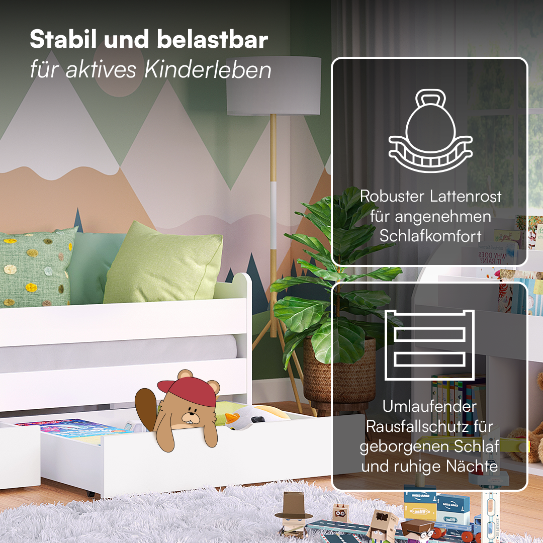 Kuru Kinderbett mit 2 Schubladen inkl. Rausfallschutz und Lattenrost, weiß lackiert, 90x200 cm, mit Matratze