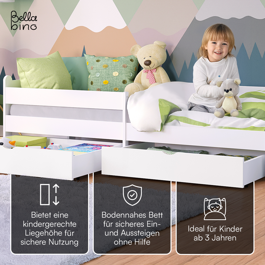 Kuru Kinderbett mit 2 Schubladen inkl. Rausfallschutz und Lattenrost, weiß lackiert, 90x200 cm, mit Matratze