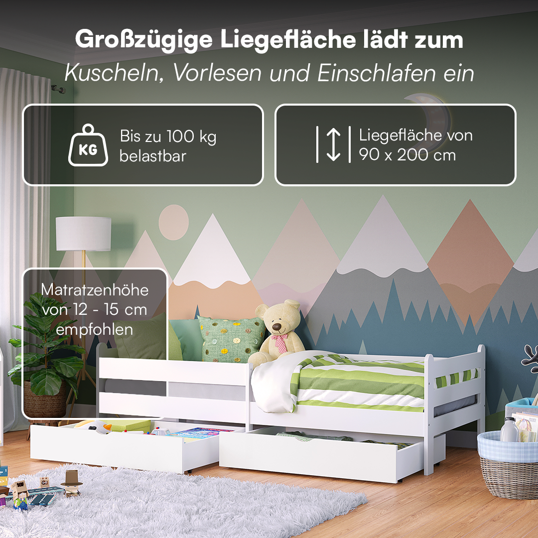 Kuru Kinderbett mit 2 Schubladen inkl. Rausfallschutz und Lattenrost, weiß lackiert, 90x200 cm, mit Matratze