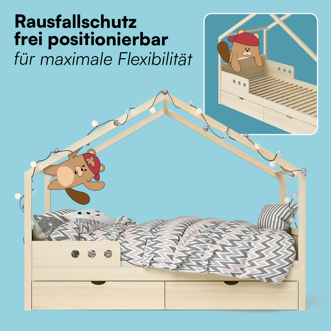 Bela Hausbett 90x200 cm, natur, inkl. Gästebett 90x190 cm und Rausfallschutz, mit Matratze