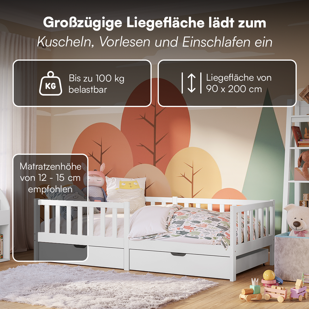 Vere Kinderbett hoch, weiß, 90x200 cm mit Schubladen