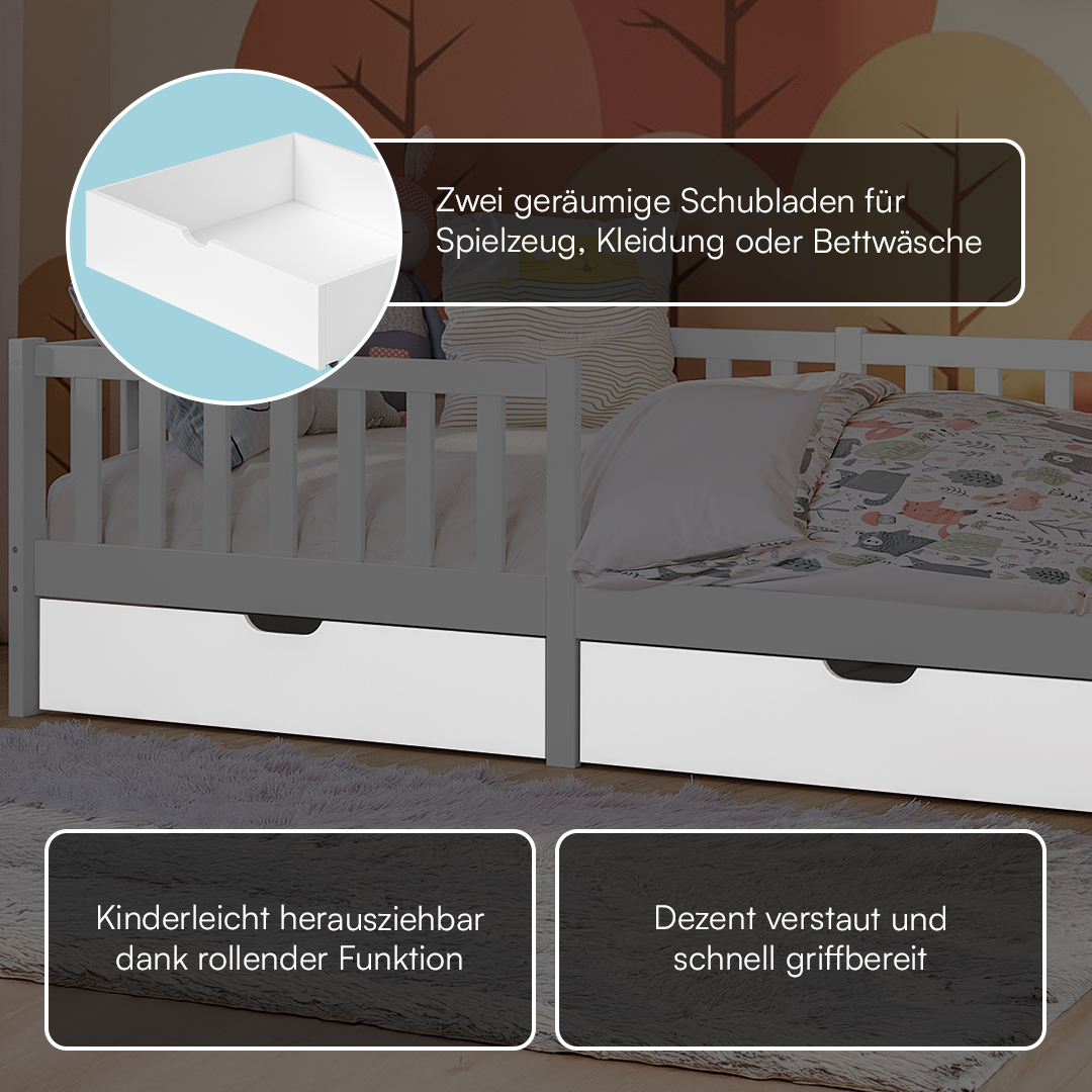 Vere Kinderbett hoch, weiß, 90x200 cm mit Schubladen
