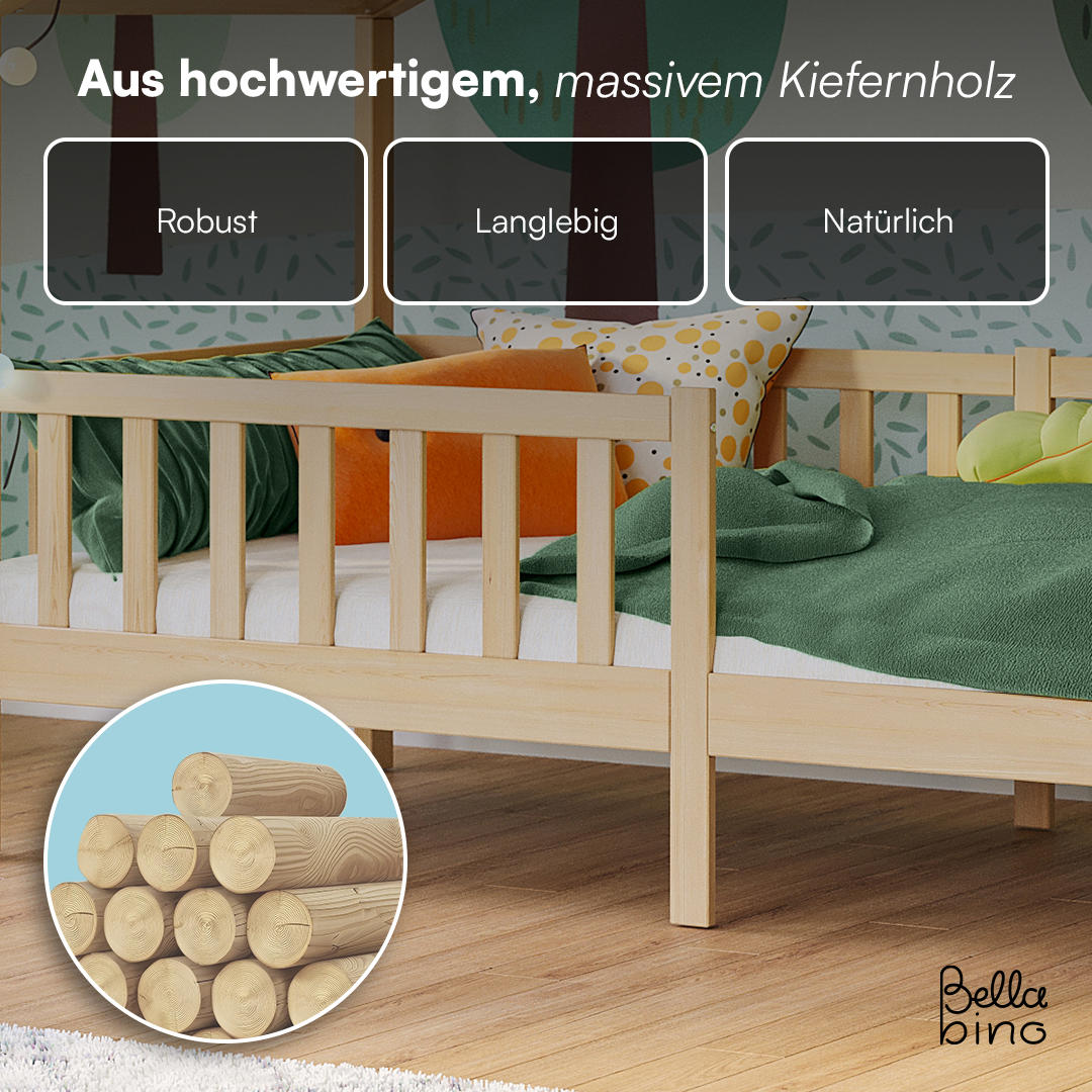 Bia Hausbett 90x200 cm, natur, Kiefer Massivholz, Montessori Kinderbett mit Rausfallschutz und Lattenrost