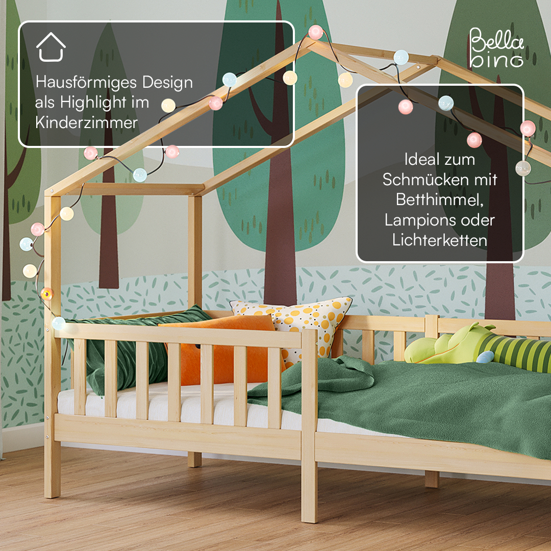 Bia Hausbett 90x200 cm, natur, Kiefer Massivholz, Montessori Kinderbett mit Rausfallschutz und Lattenrost