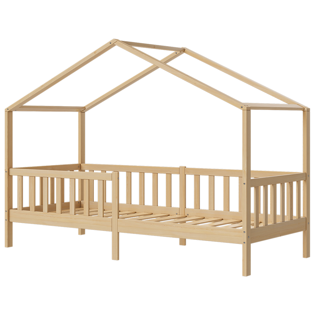 Bia Hausbett 90x200 cm, natur, Kiefer Massivholz, Montessori Kinderbett mit Rausfallschutz und Lattenrost