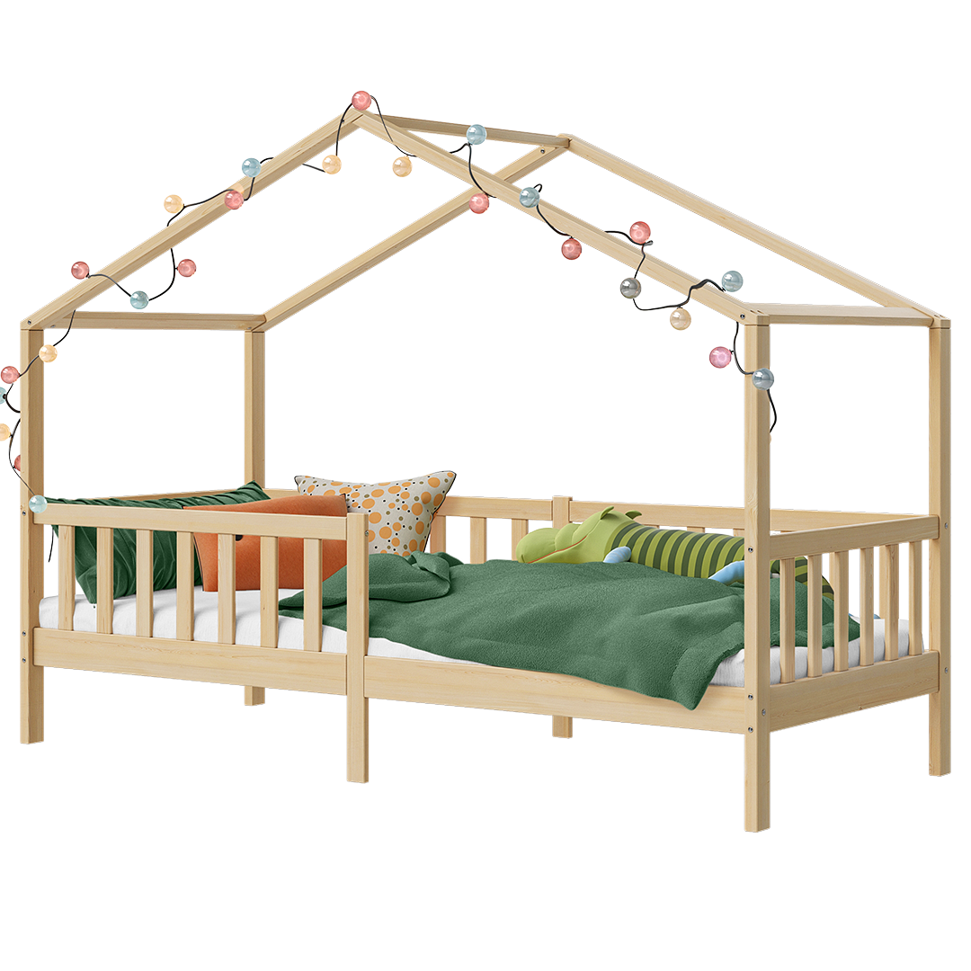 Bia Hausbett 90x200 cm, natur, Kiefer Massivholz, Montessori Kinderbett mit Rausfallschutz und Lattenrost
