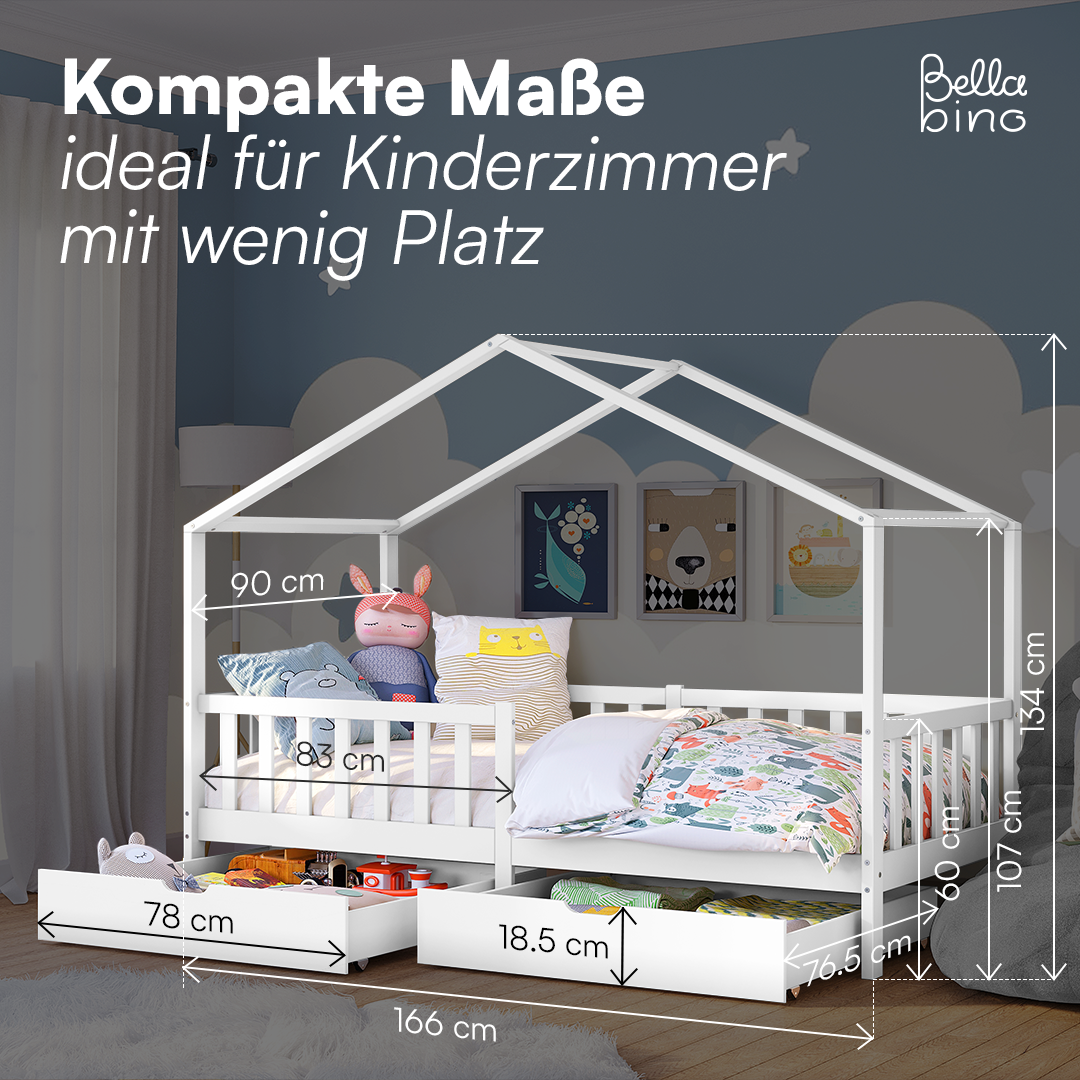Bia Hausbett 80x160 cm mit Matratze und 2 Schubladen, weiß, Kiefer Massivholz, Montessori Kinderbett mit Stauraum, inkl. Rausfallschutz und Lattenrost