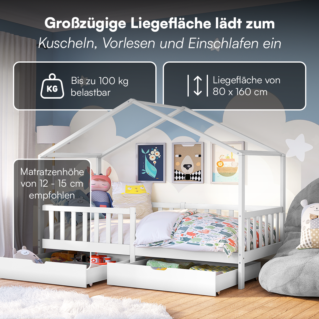 Bia Hausbett 80x160 cm mit Matratze und 2 Schubladen, weiß, Kiefer Massivholz, Montessori Kinderbett mit Stauraum, inkl. Rausfallschutz und Lattenrost