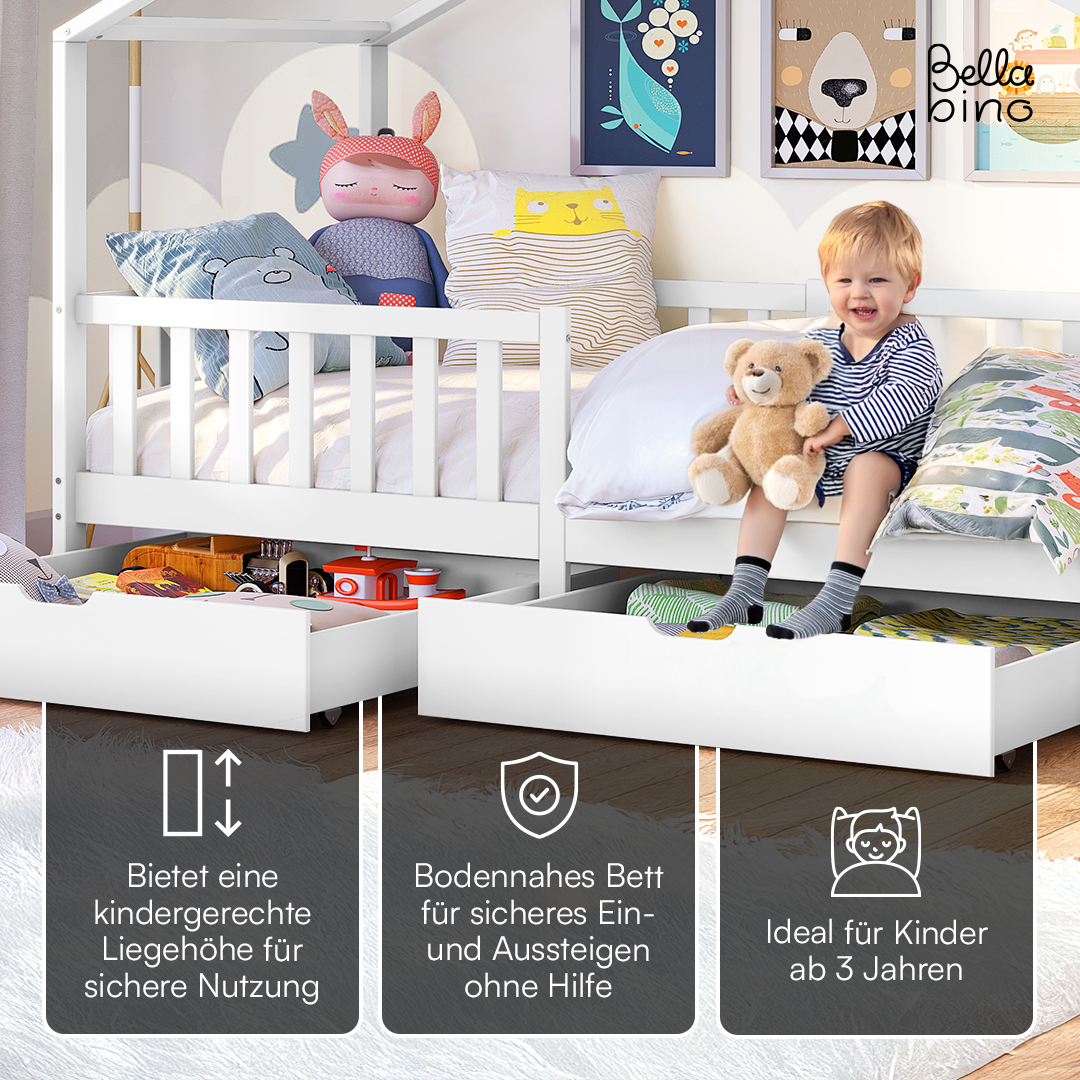 Bia Hausbett 80x160 cm mit Matratze und 2 Schubladen, weiß, Kiefer Massivholz, Montessori Kinderbett mit Stauraum, inkl. Rausfallschutz und Lattenrost