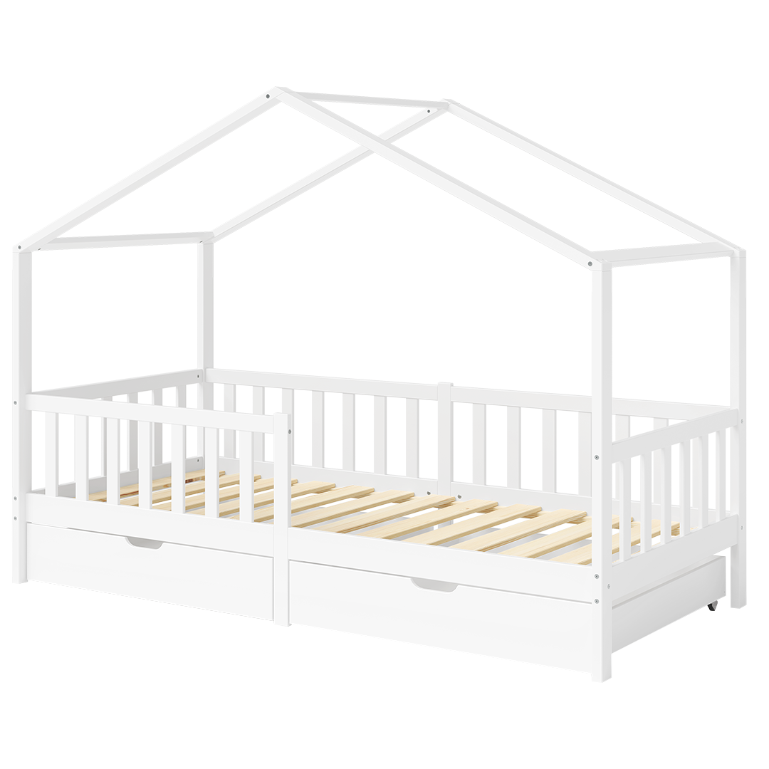 Bia Hausbett 80x160 cm mit Matratze und 2 Schubladen, weiß, Kiefer Massivholz, Montessori Kinderbett mit Stauraum, inkl. Rausfallschutz und Lattenrost