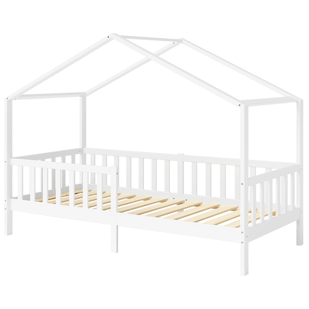 Bia Hausbett 80x160 cm mit Matratze, weiß, Kiefer Massivholz, Montessori Kinderbett mit Rausfallschutz und Lattenrost