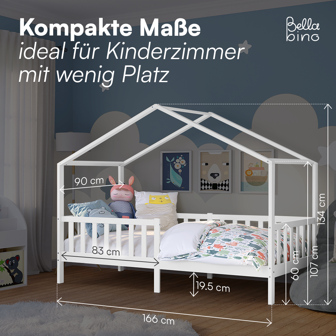 Bia Hausbett 80x160 cm mit Matratze, weiß, Kiefer Massivholz, Montessori Kinderbett mit Rausfallschutz und Lattenrost