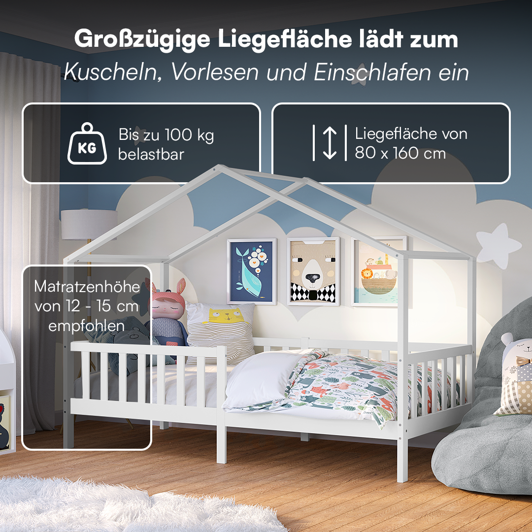 Bia Hausbett 80x160 cm mit Matratze, weiß, Kiefer Massivholz, Montessori Kinderbett mit Rausfallschutz und Lattenrost