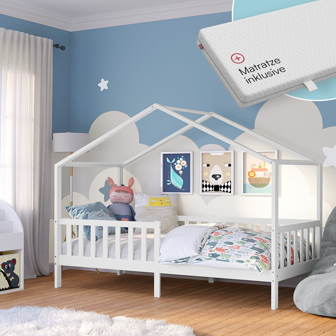 Bia Hausbett 80x160 cm mit Matratze, weiß, Kiefer Massivholz, Montessori Kinderbett mit Rausfallschutz und Lattenrost